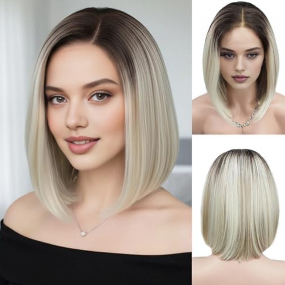 Synthetic 10" HD Lace Front A Line Bob Wig Blonde Ombre Real Hair Like Feel